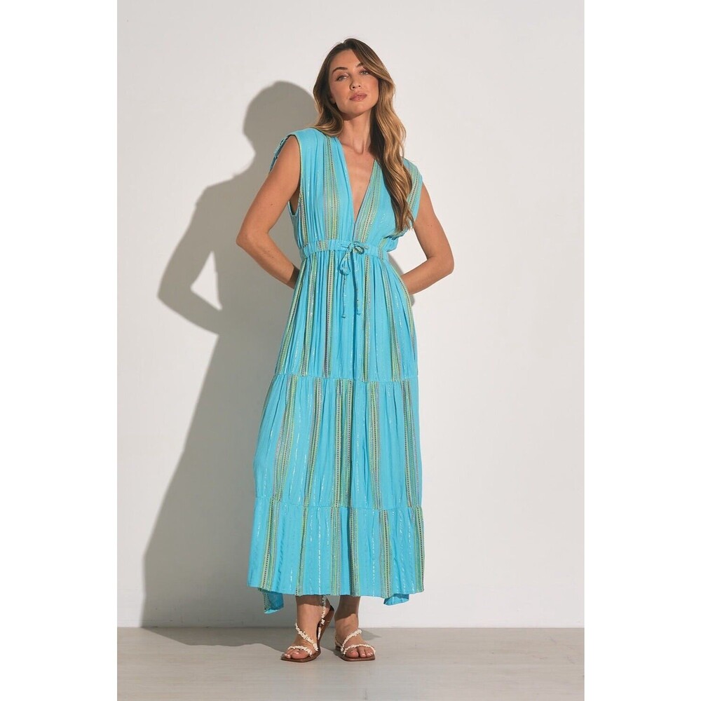 Elan Women's Dress Deep V-Neck Maxi Aqua Lime Stripe Size Large Tie *SEE NOTE
